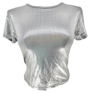 Love Streak Fitted Top Womens Size S Metallic Silver Short Sleeve Shiny Silky